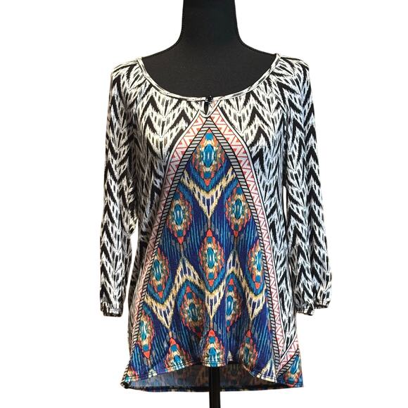 Chico's Ikat 3/4 Length Sleeves Blouse, Multicolor, Black Chico's Sz 0 (4-6) - Picture 1 of 2